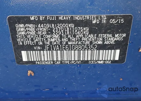 2016 Subaru Wrx Premium from USA, damaged, VIN JF1VA1E61G8805352